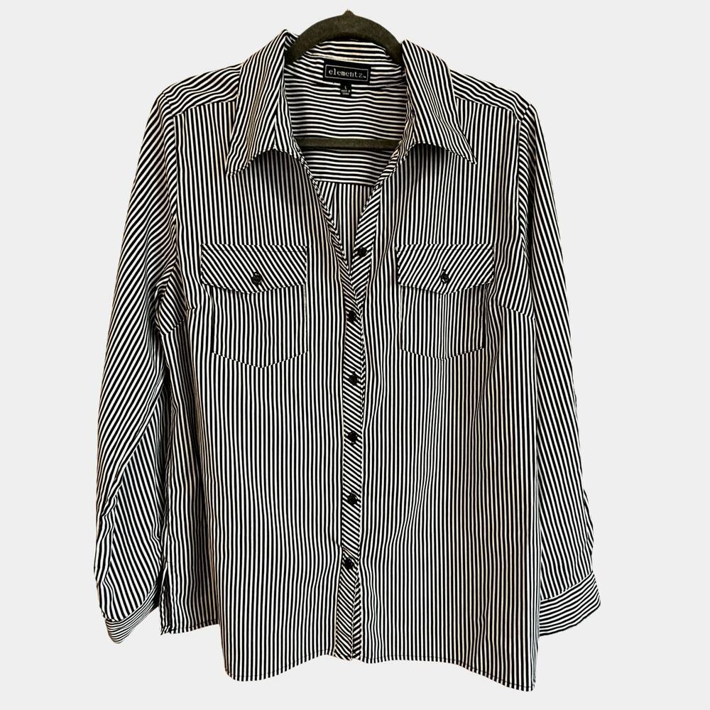 Elementz Sz L Black & White Striped Button Up | EUC